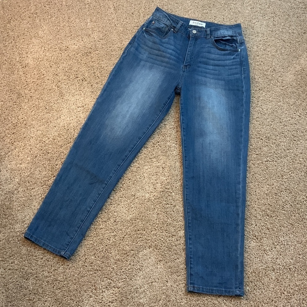 Enjean Jeans Juniors Sz 7 Blue High Waist Mom Jeans Distressed Cotton Stretch